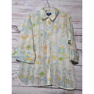 JH Collectibles Woman Floral Button Down Blouse Sheer Pastel Striped Top Size 1X